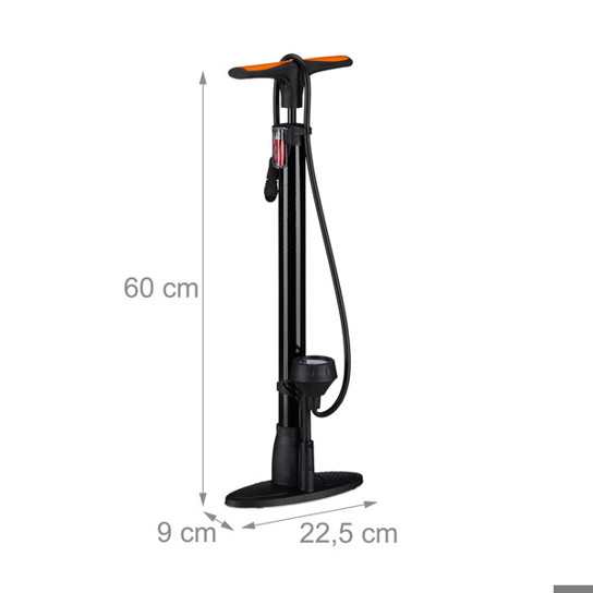 Relaxdays - Standpumpe mit Manometer (Schwarz | Orange | Rot) 60cm Höhe, 9cm Länge, 22.5cm Breite, 0.88kg